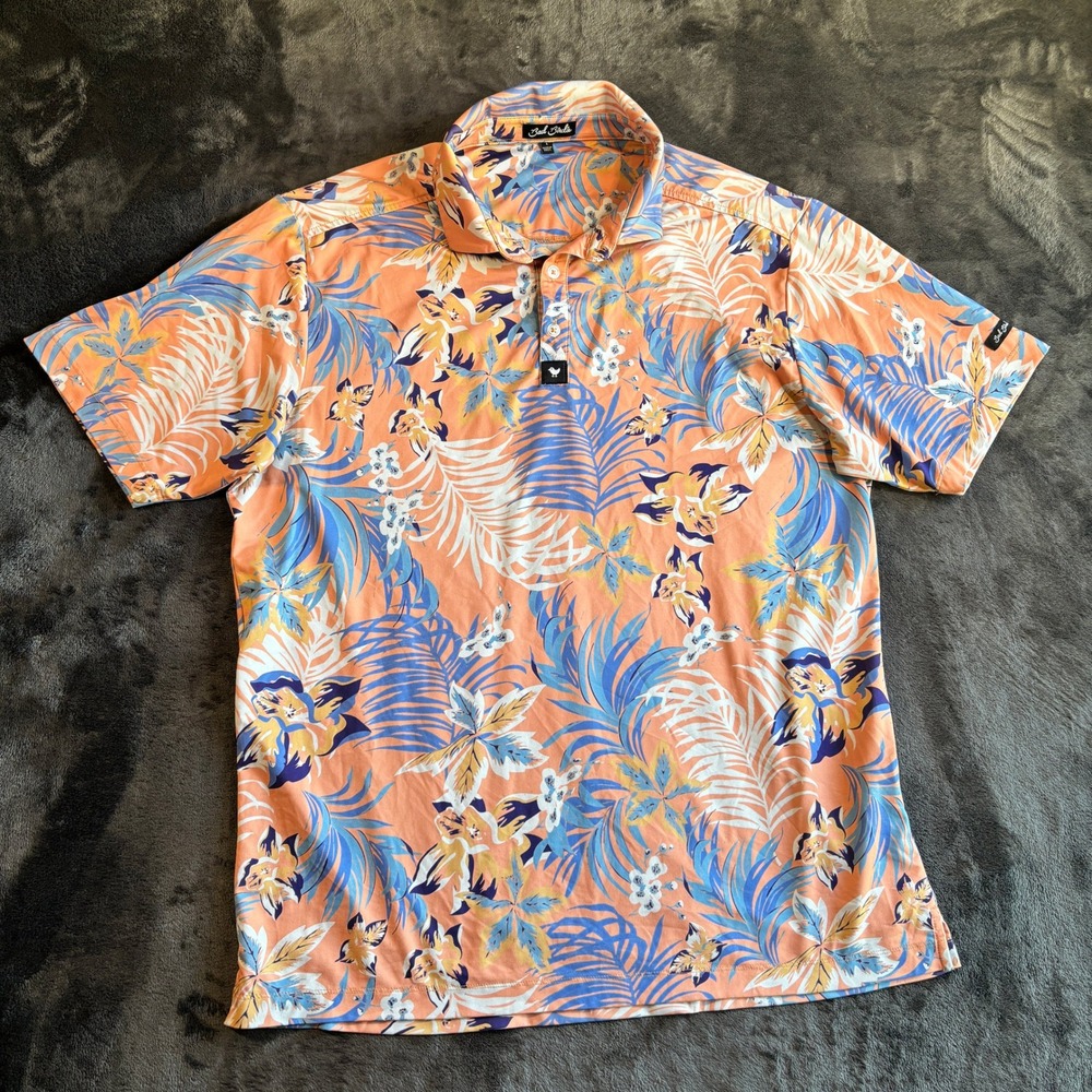 Bad Birdie Mens Polo Shirt L Orange Poly Tropical Floral Golf Performance
